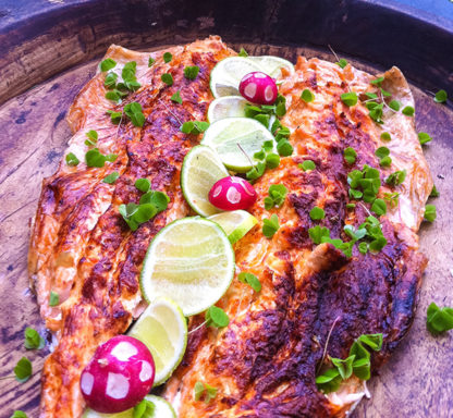 salmon cooked on the campfire